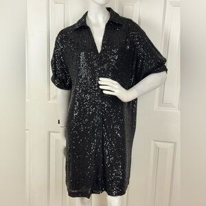 Everly Black Sequin Midi Dress with Polo Collar. C37